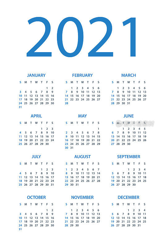 日历2021 -简单的布局插图。星期从星期天开始。日历设置为2021年